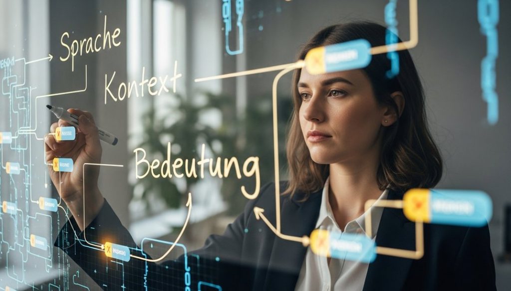 Eine Datenwissenschaftlerin schreibt deutsche Wörter auf eine Glastafel, hinter der eine KI-Analyse visualisiert wird, als Symbol für Natural Language Processing.