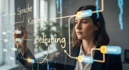 Eine Datenwissenschaftlerin schreibt deutsche Wörter auf eine Glastafel, hinter der eine KI-Analyse visualisiert wird, als Symbol für Natural Language Processing.