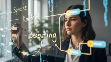 Eine Datenwissenschaftlerin schreibt deutsche Wörter auf eine Glastafel, hinter der eine KI-Analyse visualisiert wird, als Symbol für Natural Language Processing.