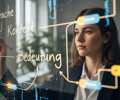 Eine Datenwissenschaftlerin schreibt deutsche Wörter auf eine Glastafel, hinter der eine KI-Analyse visualisiert wird, als Symbol für Natural Language Processing.