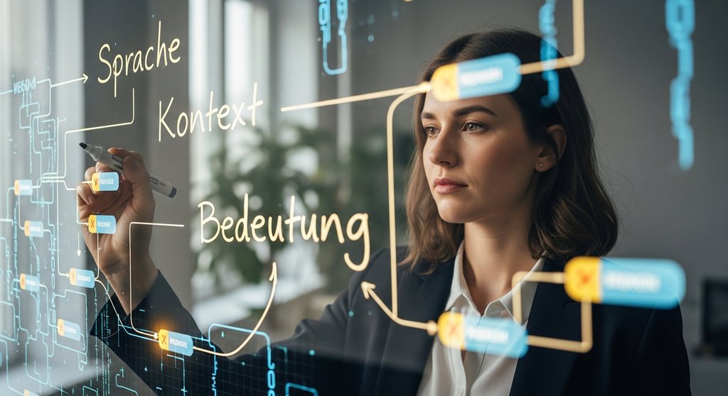 Eine Datenwissenschaftlerin schreibt deutsche Wörter auf eine Glastafel, hinter der eine KI-Analyse visualisiert wird, als Symbol für Natural Language Processing.