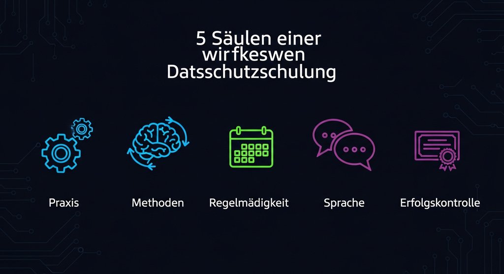 Eine klare Infografik im Stil von Cyber-Vektor, die die '5 Säulen einer wirksamen Datenschutzschulung' visualisiert. Jede Säule ist durch ein Icon repräsentiert: 1. Praxis (ein Zahnrad), 2. Methoden (ein Gehirn mit Pfeilen), 3. Regelmäßigkeit (ein Kalender-Icon), 4. Sprache (zwei Sprechblasen), 5. Erfolgskontrolle (ein Zertifikat). Die Grafik ist minimalistisch, verwendet die Farben der Marke und hat deutsche Beschriftungen. →