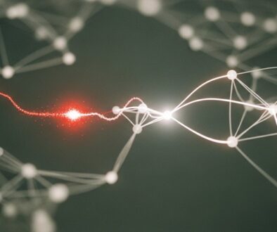 Eine konzeptuelle Darstellung des Backpropagation Algorithmus als leuchtendes Netzwerk, das aus einem Fehler lernt.