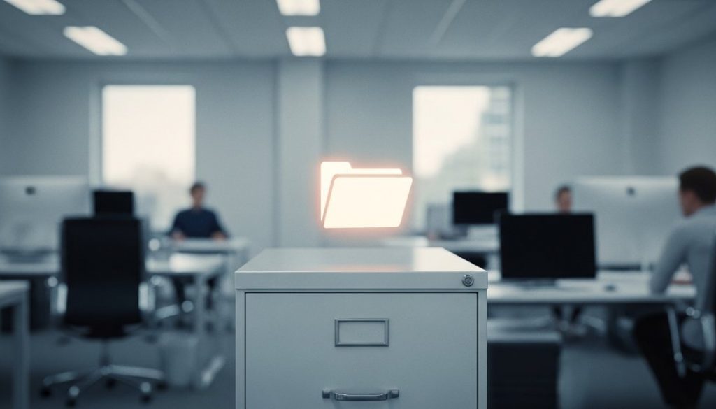 Eine Person betrachtet in einem modernen Büro eine leuchtende, digitale Akte.
