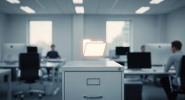 Eine Person betrachtet in einem modernen Büro eine leuchtende, digitale Akte.
