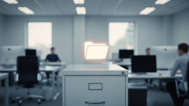 Eine Person betrachtet in einem modernen Büro eine leuchtende, digitale Akte.