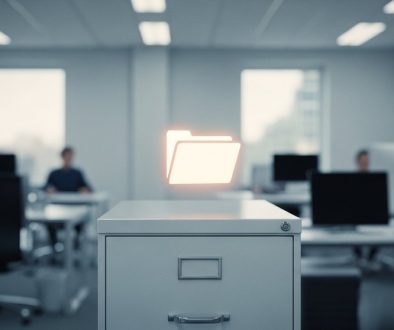 Eine Person betrachtet in einem modernen Büro eine leuchtende, digitale Akte.