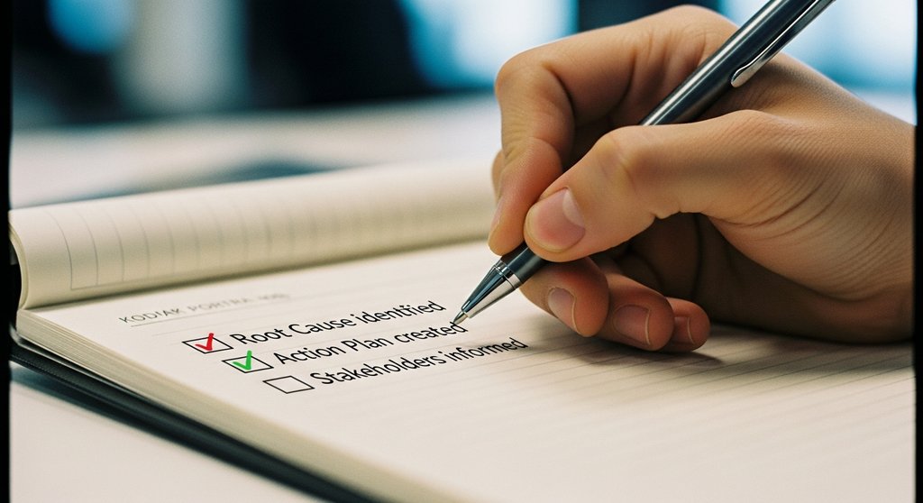 Eine Person hakt Punkte auf einer Checkliste für ein Incident Post Mortem in einem Notizbuch ab.