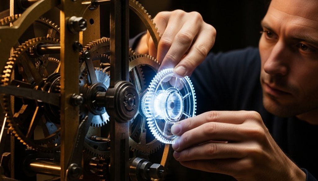 Eine Person integriert ein leuchtendes KI-Modul in eine Maschine, ein Symbol für KI-Anwendungsbeispiele in Unternehmen.