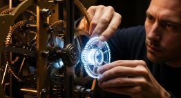 Eine Person integriert ein leuchtendes KI-Modul in eine Maschine, ein Symbol für KI-Anwendungsbeispiele in Unternehmen.