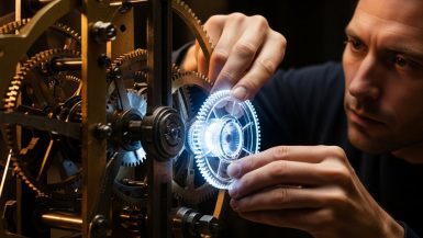 Eine Person integriert ein leuchtendes KI-Modul in eine Maschine, ein Symbol für KI-Anwendungsbeispiele in Unternehmen.