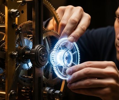 Eine Person integriert ein leuchtendes KI-Modul in eine Maschine, ein Symbol für KI-Anwendungsbeispiele in Unternehmen.