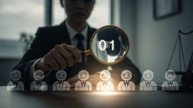 Eine Person prüft mit einer Lupe digitale Bewerberprofile und symbolisiert die Zulässigkeit von Background Checks.