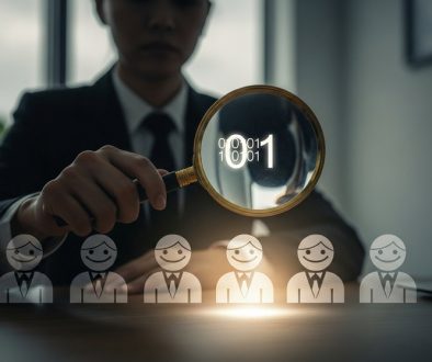 Eine Person prüft mit einer Lupe digitale Bewerberprofile und symbolisiert die Zulässigkeit von Background Checks.