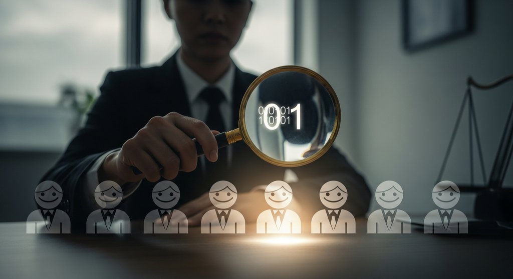 Eine Person prüft mit einer Lupe digitale Bewerberprofile und symbolisiert die Zulässigkeit von Background Checks.
