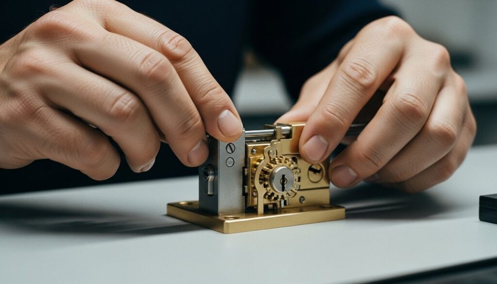 Eine Person sichert ihr Netzwerk durch präzise Konfiguration, symbolisiert durch den Bau eines Schlosses.