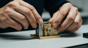 Eine Person sichert ihr Netzwerk durch präzise Konfiguration, symbolisiert durch den Bau eines Schlosses.