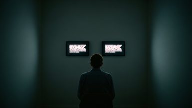 Eine Person sitzt vor zwei Bildschirmen und führt den Turing Test durch.