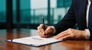 Eine Person unterzeichnet die formelle Bestellungsurkunde zum Datenschutzbeauftragten.