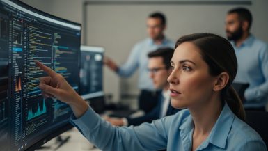 Eine Sicherheitsexpertin bei der Malware Analyse in einem Security Operations Center.