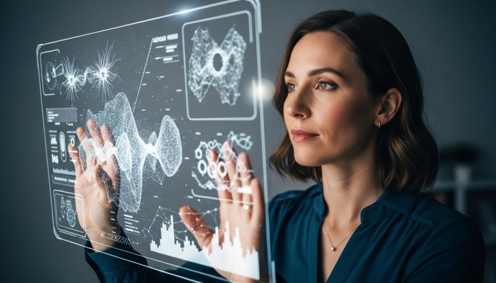 Eine Wissenschaftlerin analysiert Daten auf einer holografischen KI-Schnittstelle und blickt in die Zukunft der Künstlichen Intelligenz.