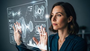 Eine Wissenschaftlerin analysiert Daten auf einer holografischen KI-Schnittstelle und blickt in die Zukunft der Künstlichen Intelligenz.