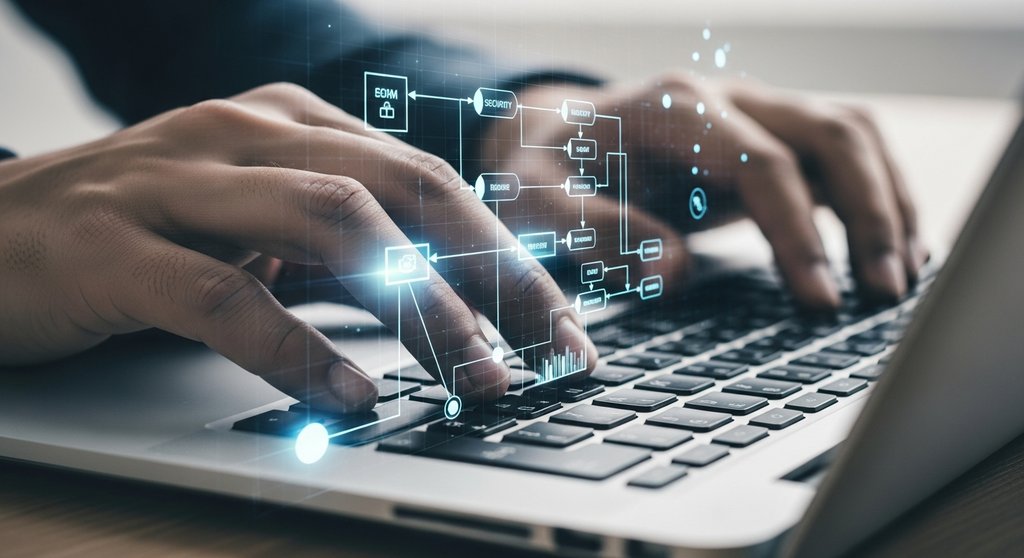 Hände tippen auf einer Tastatur, um technische Datenschutz-Maßnahmen im Homeoffice umzusetzen.