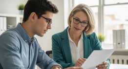 HR-Managerin bespricht Richtlinien zum Mitarbeiterdatenschutz mit einem Angestellten in einem modernen Büro.