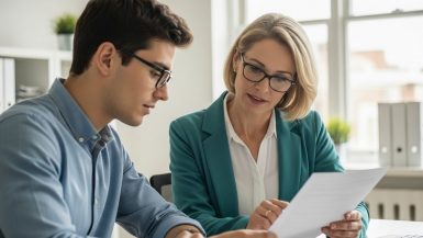 HR-Managerin bespricht Richtlinien zum Mitarbeiterdatenschutz mit einem Angestellten in einem modernen Büro.