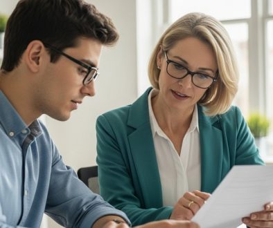 HR-Managerin bespricht Richtlinien zum Mitarbeiterdatenschutz mit einem Angestellten in einem modernen Büro.