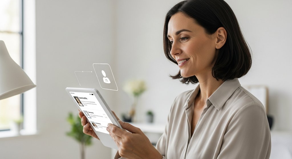 HR-Managerin greift im Homeoffice sicher auf die digitale Personalakte zu.