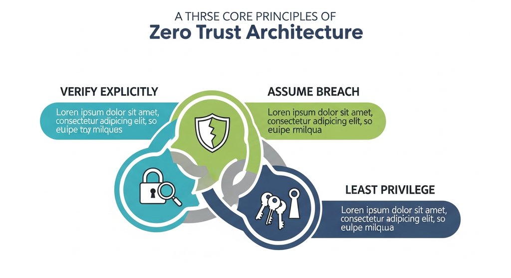 Infografik der drei Kernprinzipien einer Zero-Trust-Architektur.