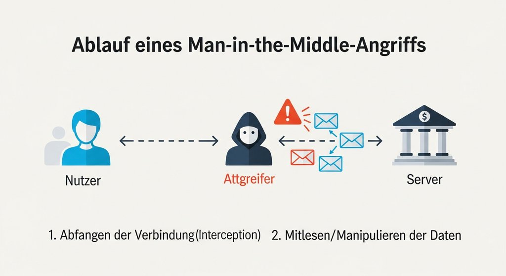 Infografik, die den Ablauf eines Man-in-the-Middle-Angriffs zwischen Nutzer und Server erklärt.