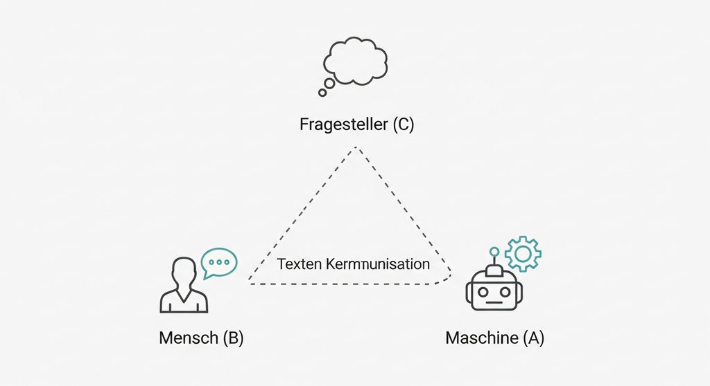 Infografik, die den Aufbau des Turing Tests mit Fragesteller, Mensch und Maschine erklärt.