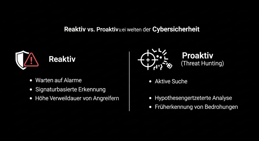 Infografik, die den reaktiven Sicherheitsansatz mit dem proaktiven Threat Hunting vergleicht.