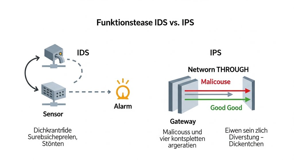 Infografik, die den Unterschied zwischen der passiven Überwachung eines IDS und der aktiven Blockade eines IPS zeigt.