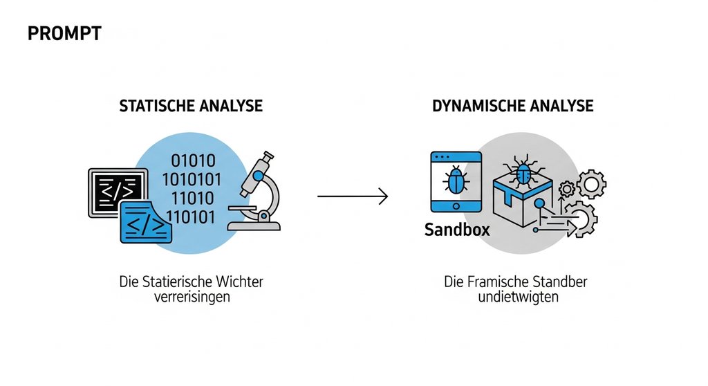 Infografik, die den Unterschied zwischen statischer und dynamischer Malware Analyse erklärt.