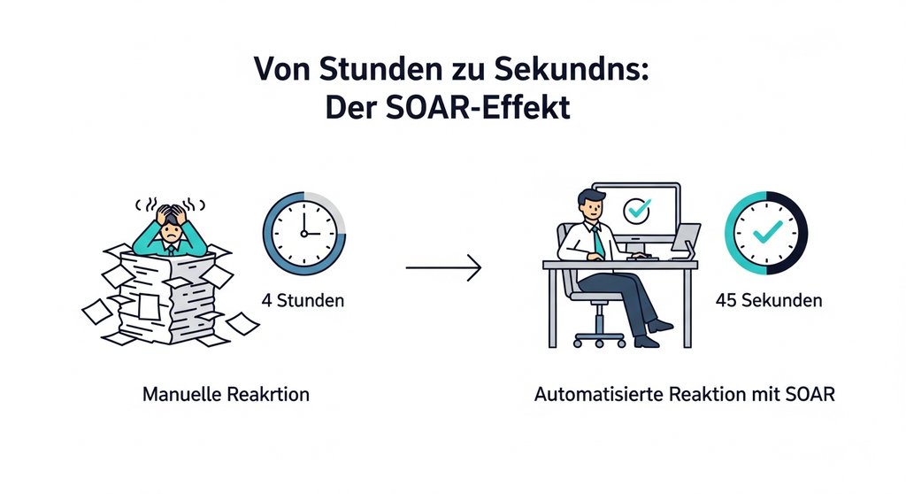 Infografik, die den Zeitgewinn durch den Einsatz einer SOAR-Plattform bei der Incident Response visualisiert.