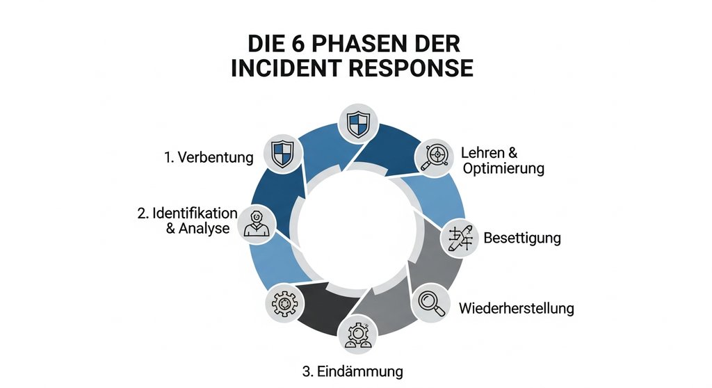 Infografik, die die sechs Phasen des Incident Response Prozesses in einem Kreislauf darstellt.