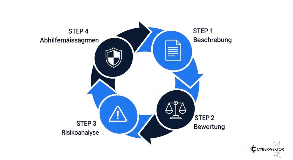 Infografik, die die vier Schritte der Datenschutz-Folgenabschätzung als Kreislauf darstellt: Beschreibung, Bewertung, Risikoanalyse, Maßnahmen.