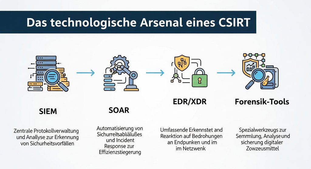 Infografik, die die vier zentralen Werkzeug-Kategorien eines CSIRT zeigt: SIEM, SOAR, EDR/XDR und Forensik-Tools.
