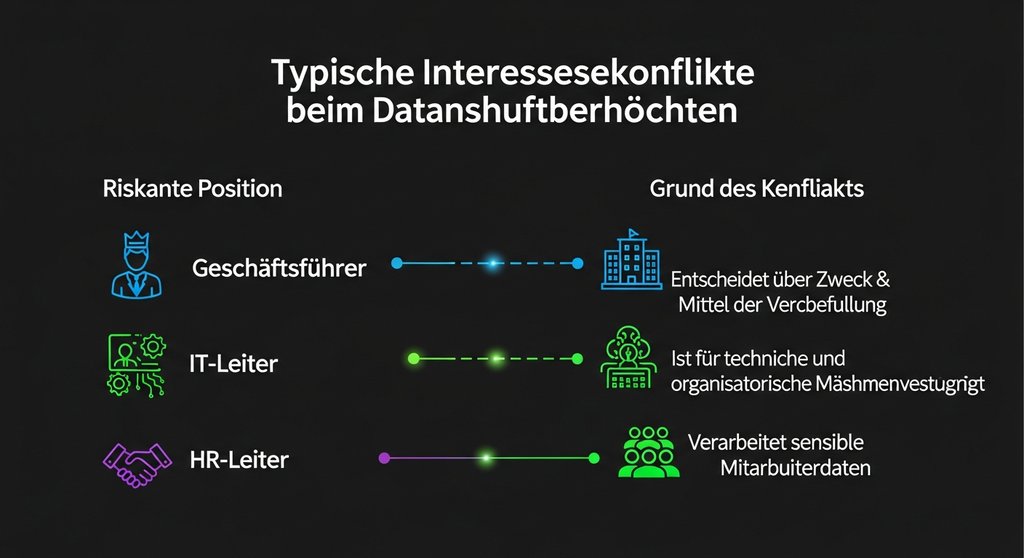 Infografik, die typische Positionen mit hohem Risiko für einen Interessenkonflikt des Datenschutzbeauftragten zeigt.