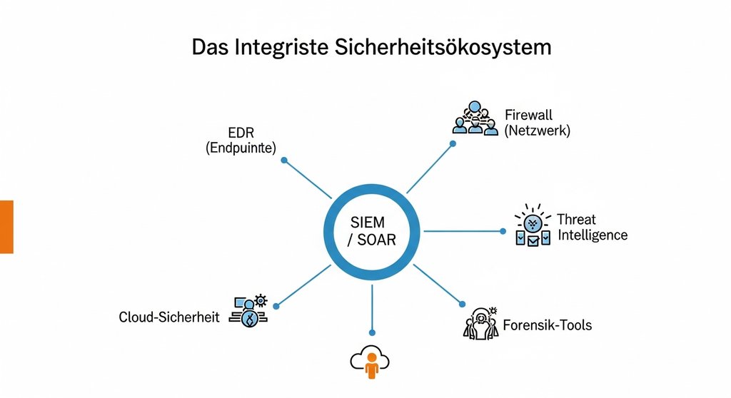 Infografik eines integrierten Sicherheitsökosystems mit SIEM und SOAR im Zentrum und verbundenen Tools.