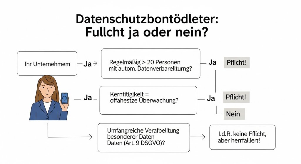 Infografik: Flussdiagramm zur Prüfung der Pflicht zur Benennung eines Datenschutzbeauftragten.
