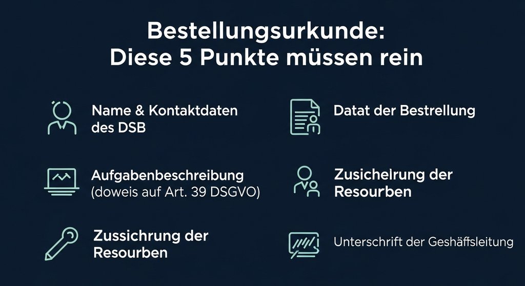 Infografik mit den 5 wichtigsten Inhalten einer Bestellungsurkunde für den Datenschutzbeauftragten.