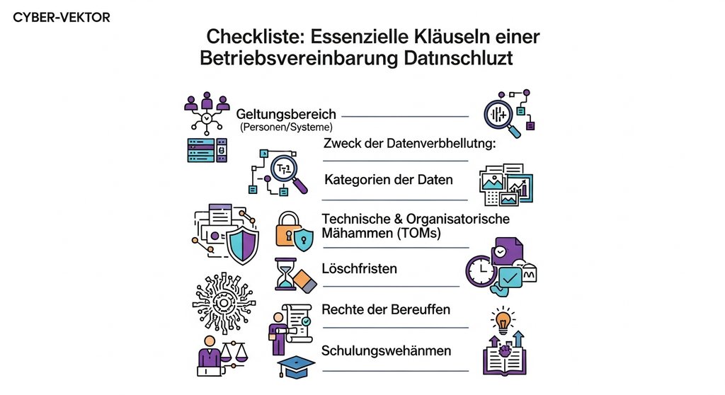 Infografik mit einer Checkliste der wichtigsten Klauseln für eine Betriebsvereinbarung Datenschutz.