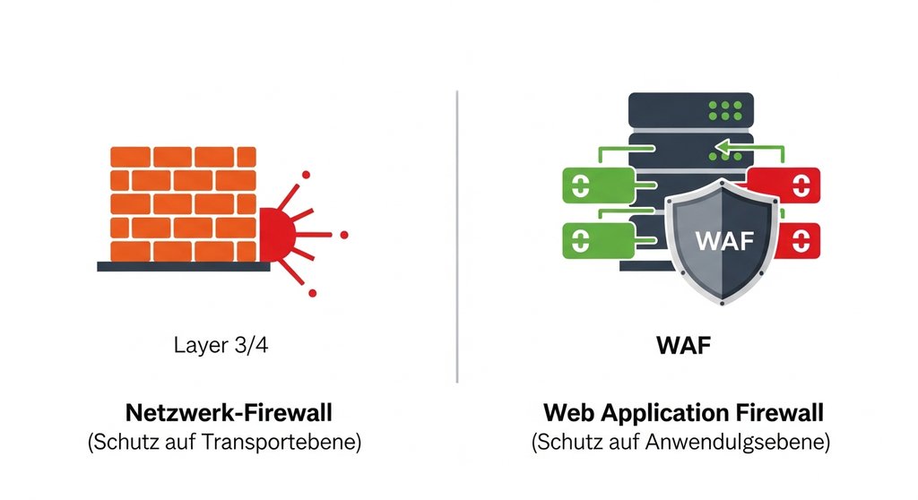 Infografik: Unterschied zwischen einer Netzwerk-Firewall und einer Web Application Firewall (WAF).