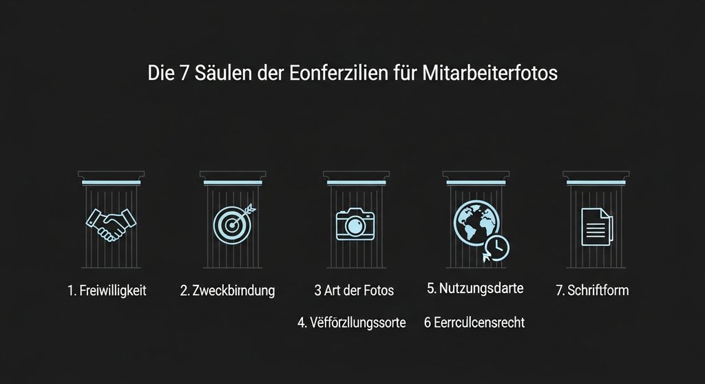 Infografik zu den 7 Pflichtbestandteilen einer Einwilligungserklärung für Mitarbeiterfotos.