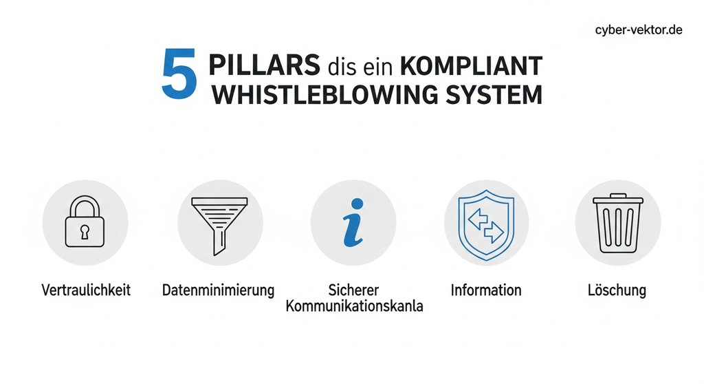 Infografik zu den fünf Säulen für datenschutzkonformes Whistleblowing: Vertraulichkeit, Datenminimierung, Informationspflicht, sichere Kanäle, Löschkonzept.