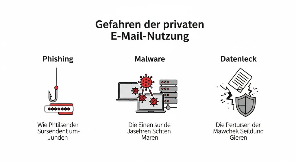 Infografik zu den Gefahren privater E-Mail-Nutzung: Phishing, Malware und Datenlecks.
